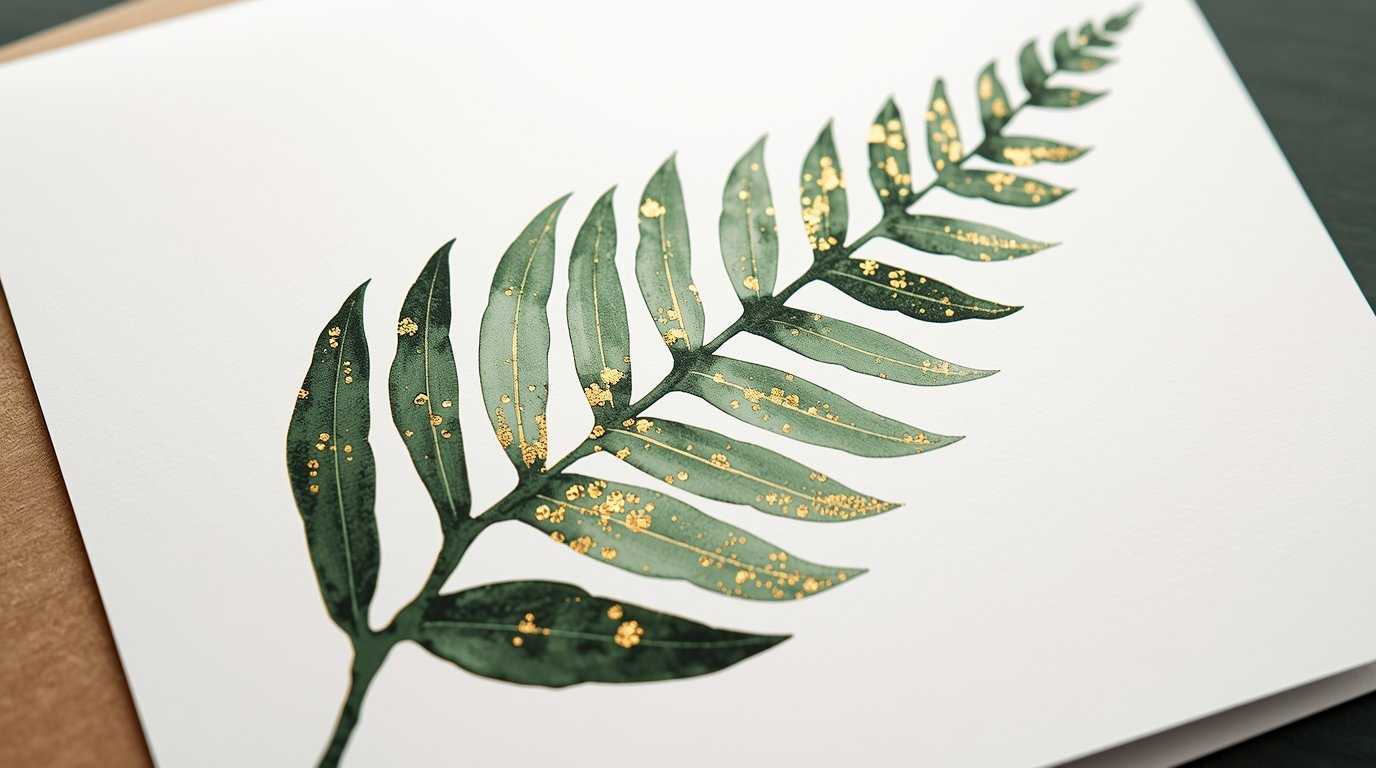 Native fern botanical greeting card with green and gold accents