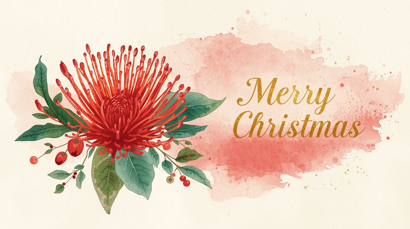 Pohutukawa flower Christmas card with red and green watercolor
