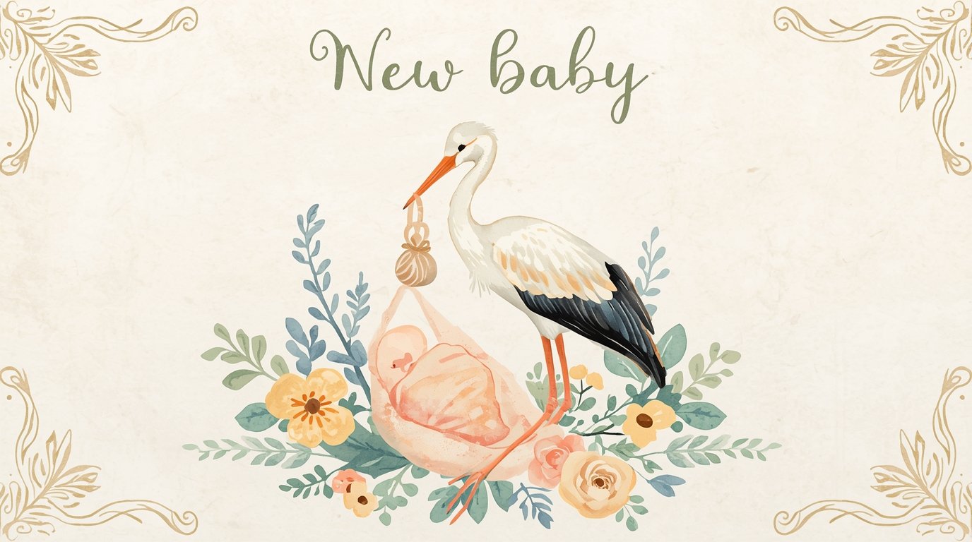 New baby card with gentle watercolor stork illustration